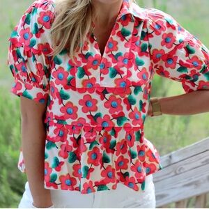 Entro Floral Blouse with Red and Green Accents